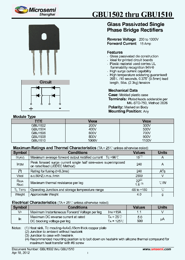 GBU1510_8346429.PDF Datasheet Download --- IC-ON-LINE