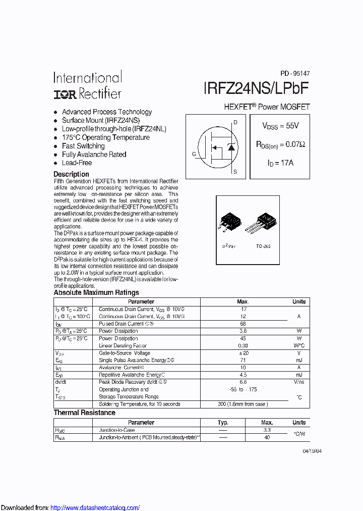 IRFZ24NLPBF_8788294.PDF Datasheet Download --- IC-ON-LINE