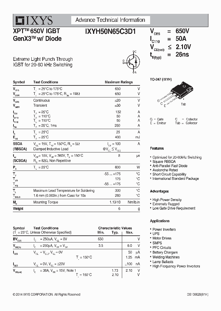 IXYH50N65C3D1_8857050.PDF Datasheet