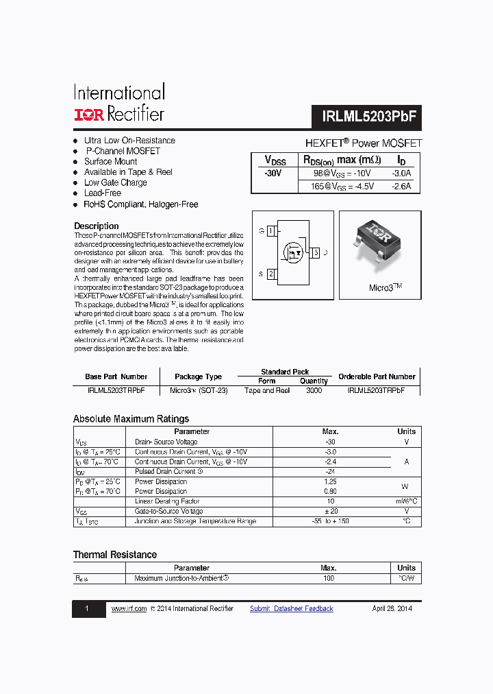 IRLML5203PBF_9077037.PDF Datasheet Download --- IC-ON-LINE